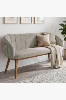 Szürke kárpitozott pad tölgyfa lábakkal, olasz design, elegáns stílus